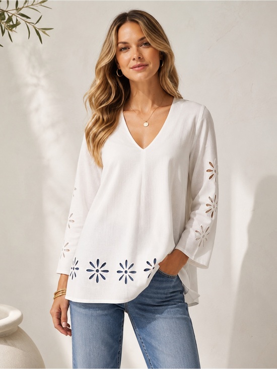 Karen Kane Tops - NWT Karen Kane White Linen Floral Cutout Blouse